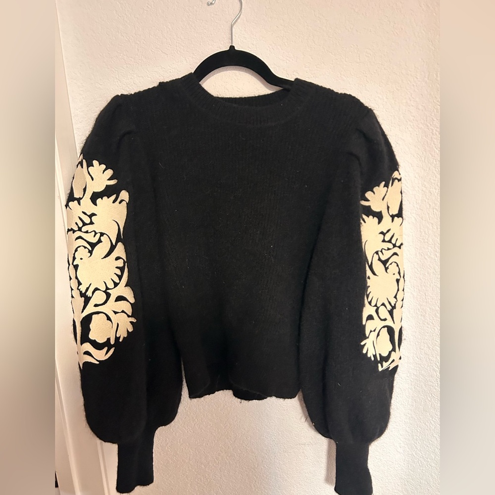 Sandro Black and Cream Wool Sweater with Floral Accents